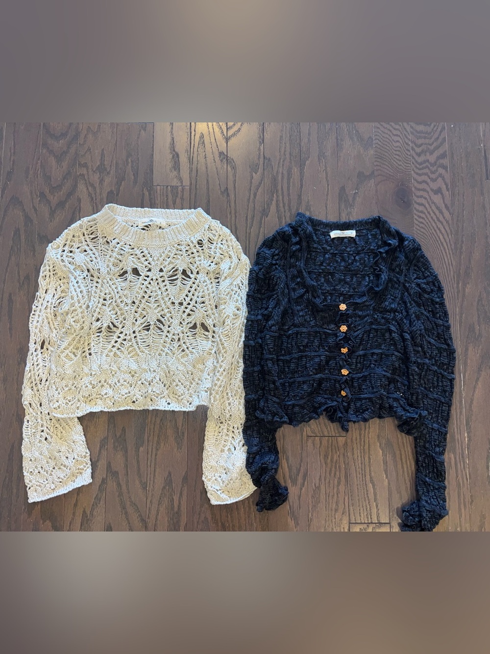 Natural Life Boho Open Knit Cropped Sweater & Ruffled Flower Button Cardigan Lot